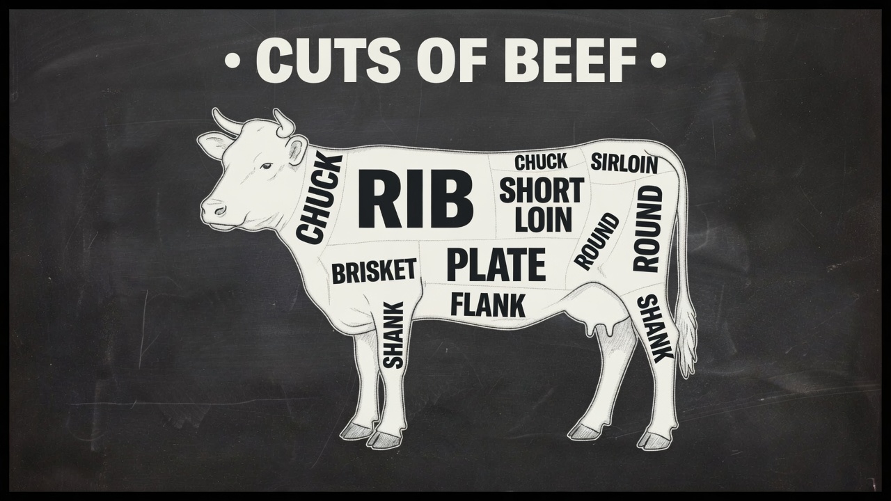 Chalkboard illustration of a cow — interactive cuts of beef chart