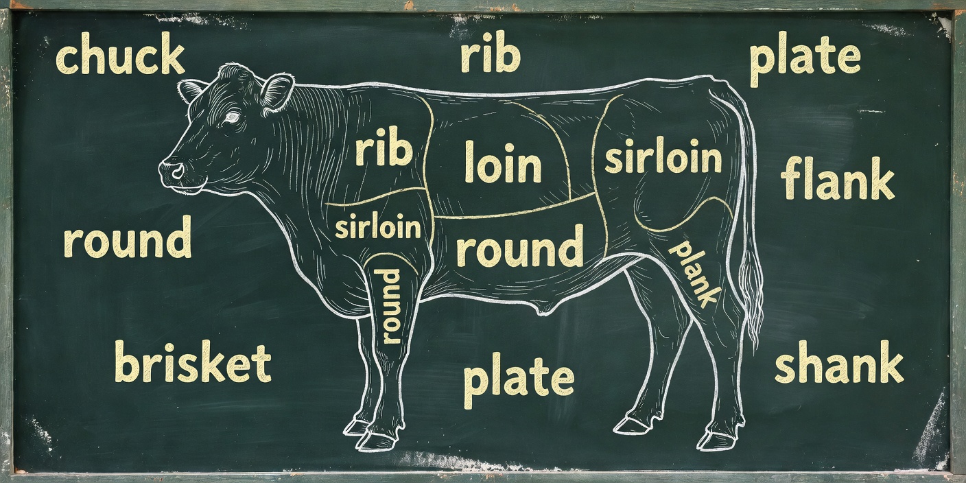 Artistic chalkboard beef primal cut chart — side view of steer with labeled sections